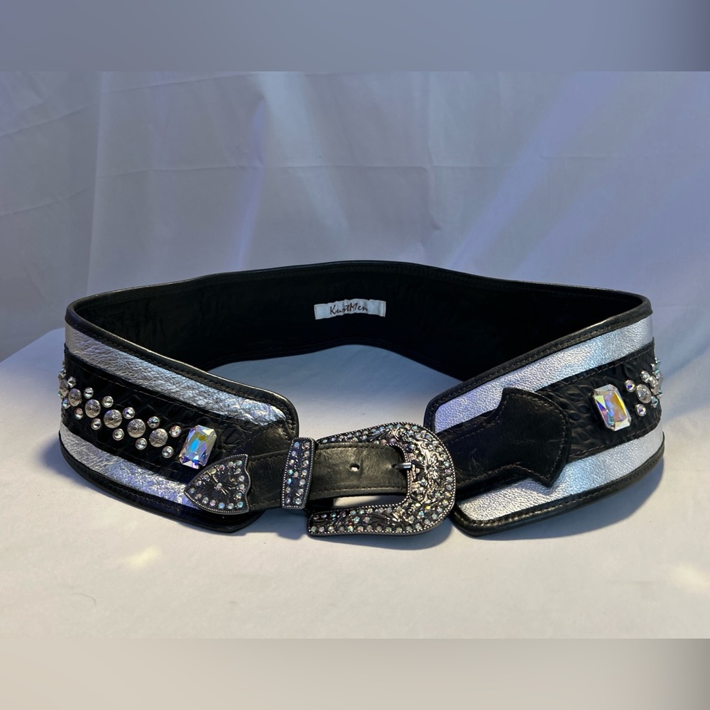KurtMen Belt L/XL Black and Silver Studs Massive AB Rhinestones Wide Boho Rocker
